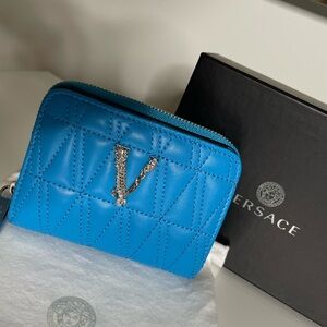 Versace Virtus Quilted Lambskin Leather Blue Wallet